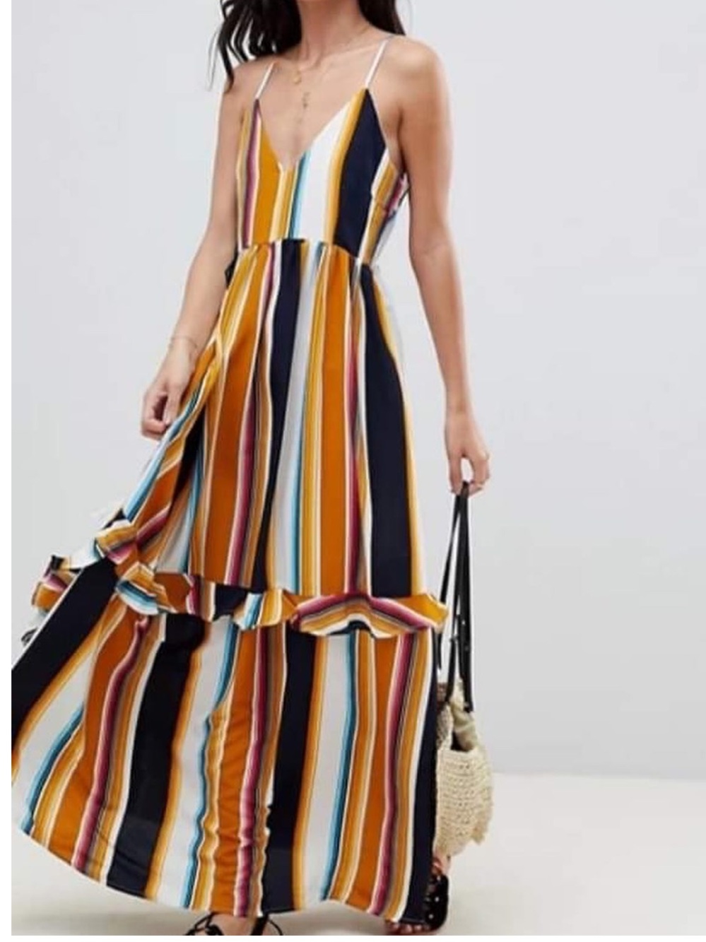 Boohoo Multi Stripe V-Neck Maxi Dress ASOS 8 S/M Adjustable Corset Straps
